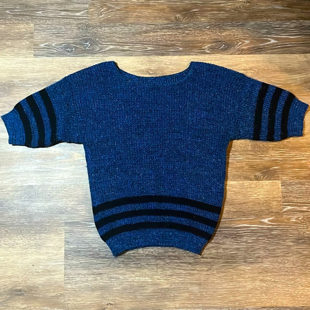 Vintage Handmade Blue Kitted Shiny Shortsleeved Sweater w/ Crayola Stripes